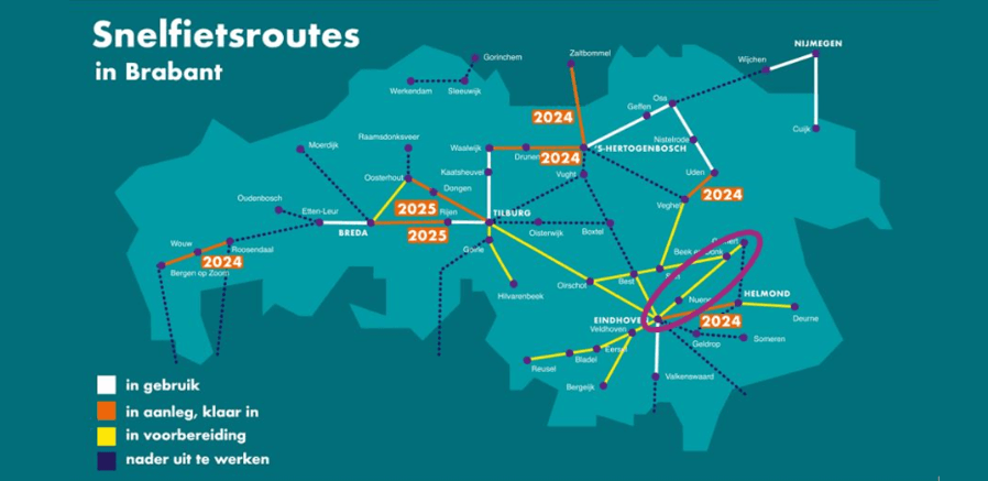 Karte der Radschnellwege in Brabant mit der eingekreisten Strecke zwischen Gemert und Eindhoven.